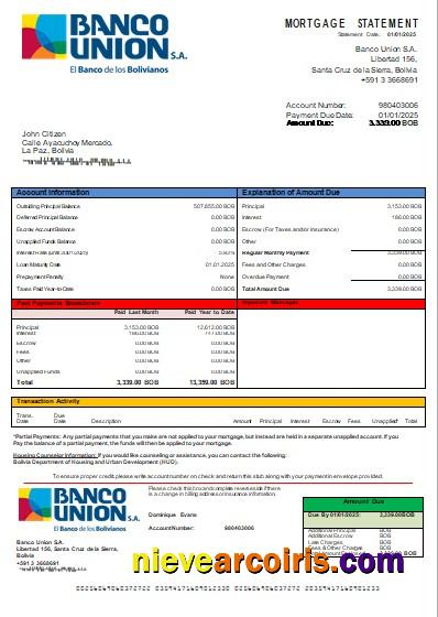 Bolivia Banco Union bank mortgage statement